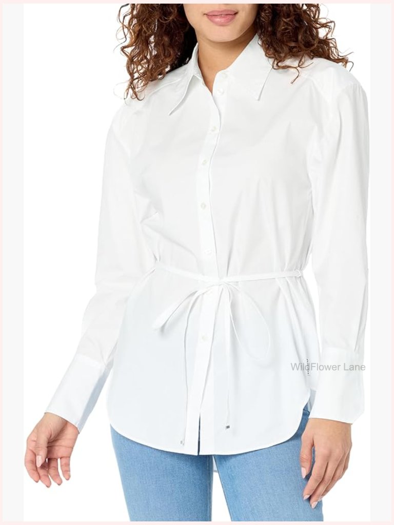 Women's Tie Around Cotton Button Down Shirt Long Sleeve Blouse